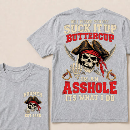 Retro Pixel Pirate Skull T-Shirt | Crossed Cutlasses & Red Bandana "Suck It Up" Graphic Tee