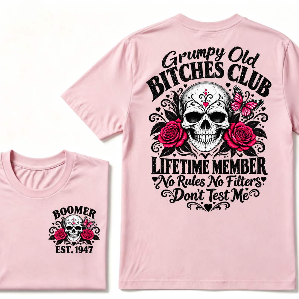 Boomer EST.Year Grumpy Old Club Sugar Skull Rose Butterfly Vintage Graphic T-Shirt