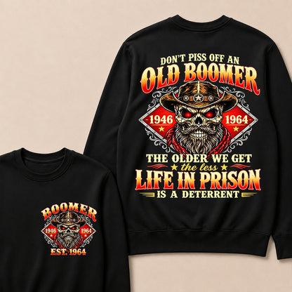 Custom EST.Year Don't Piss Off An Old Boomer The Older We Get The Less Life In Prison Is A Deterrent – Vintage Cowboy Skull Graphic Sweatshirt