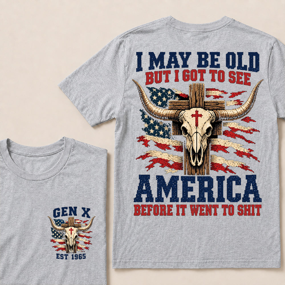 Retro Western Cow Skull & Cross Tee | Distressed American Flag Patriotic Graphic T-Shirt