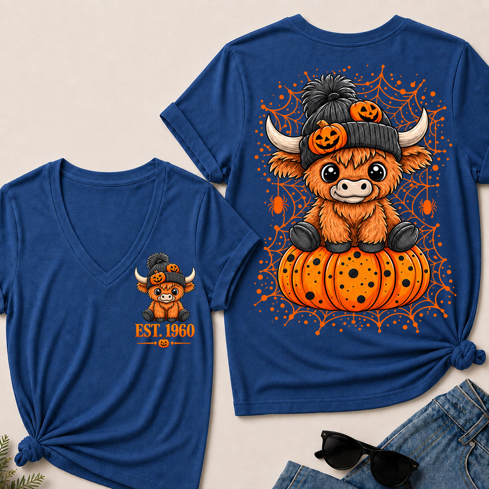 Custom EST.Year Cute Halloween Highland Cow & Pumpkin Women’s V-Neck T-Shirt