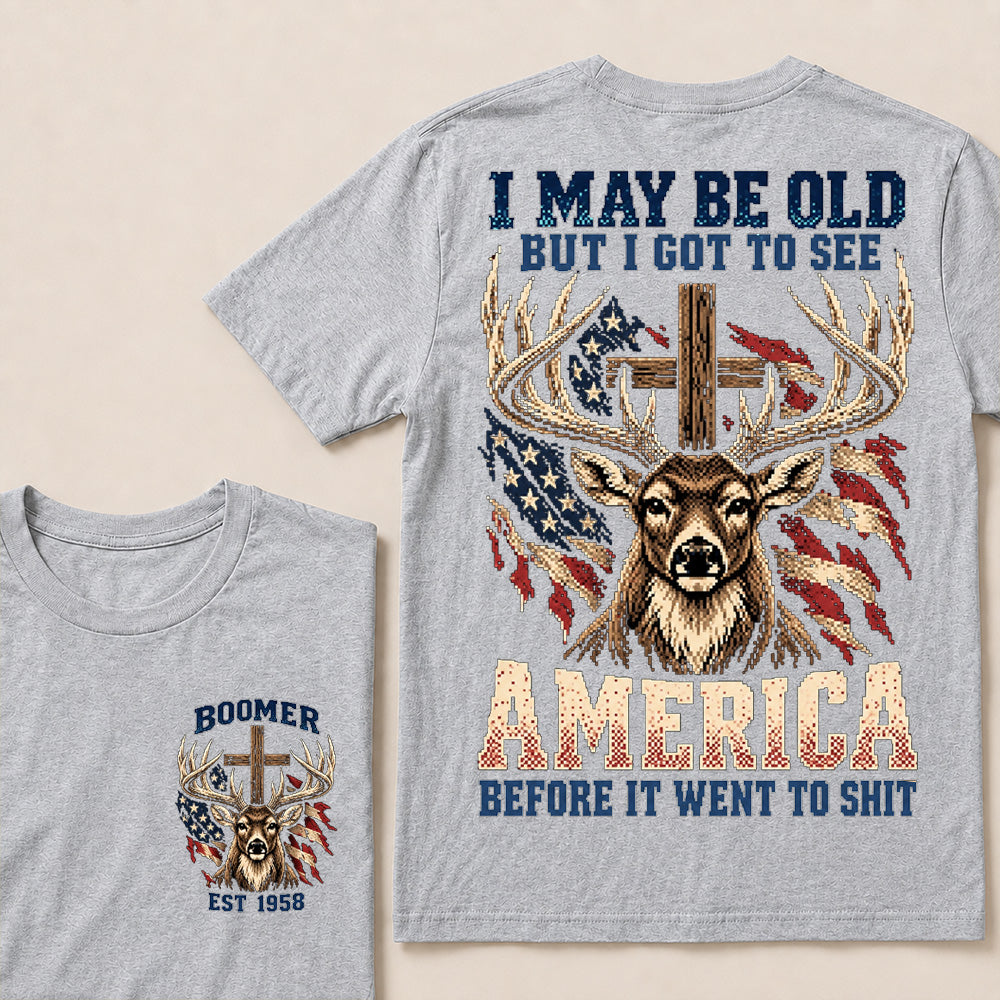 Retro Pixel Buck Deer & Cross T-Shirt | Patriotic Hunting "I May Be Old" Graphic Tee