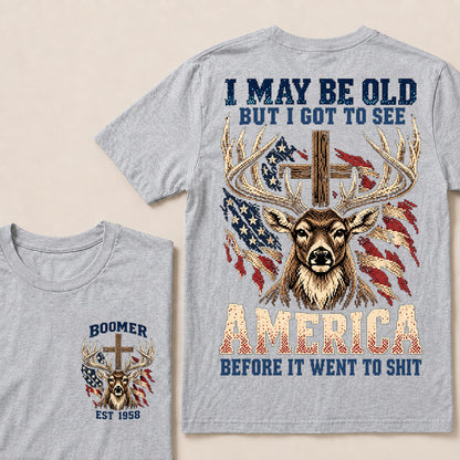 Retro Pixel Buck Deer & Cross T-Shirt | Patriotic Hunting "I May Be Old" Graphic Tee