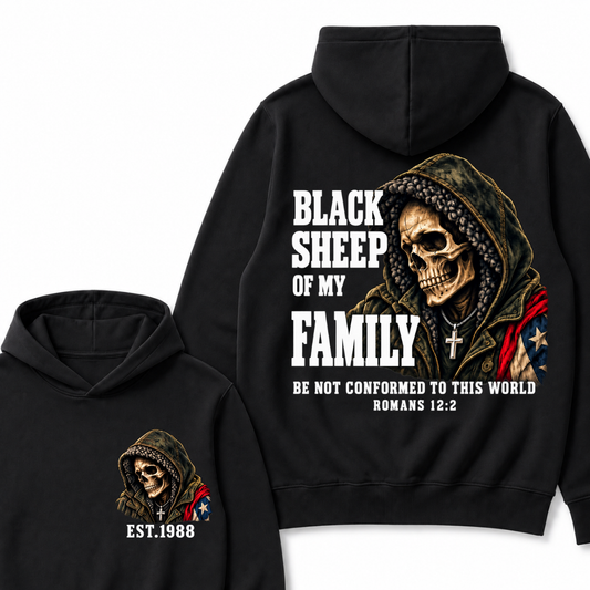 Black Sheep Of My Family Romans 12:2 Bible Verse Skull Hooded EAT.Year Hoodie, Christian Patriotic Hoodie