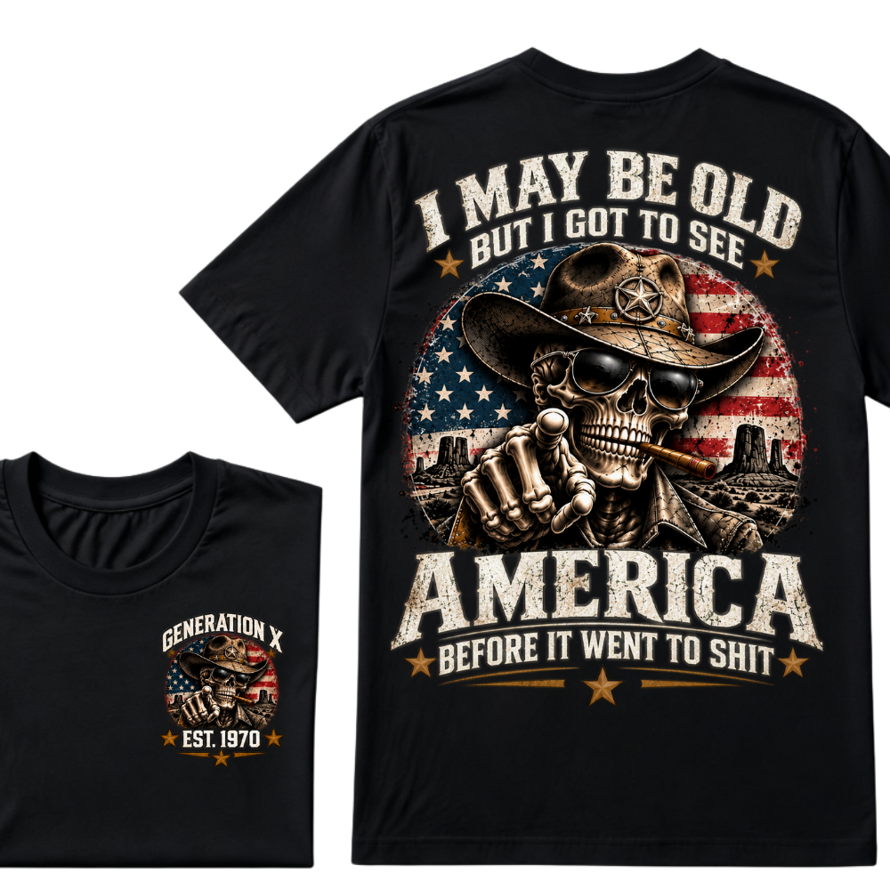 Generation X EST.Year Cowboy Skull American Flag T-Shirt I May Be Old But I Got To See America Vintage Western Patriotic Tee