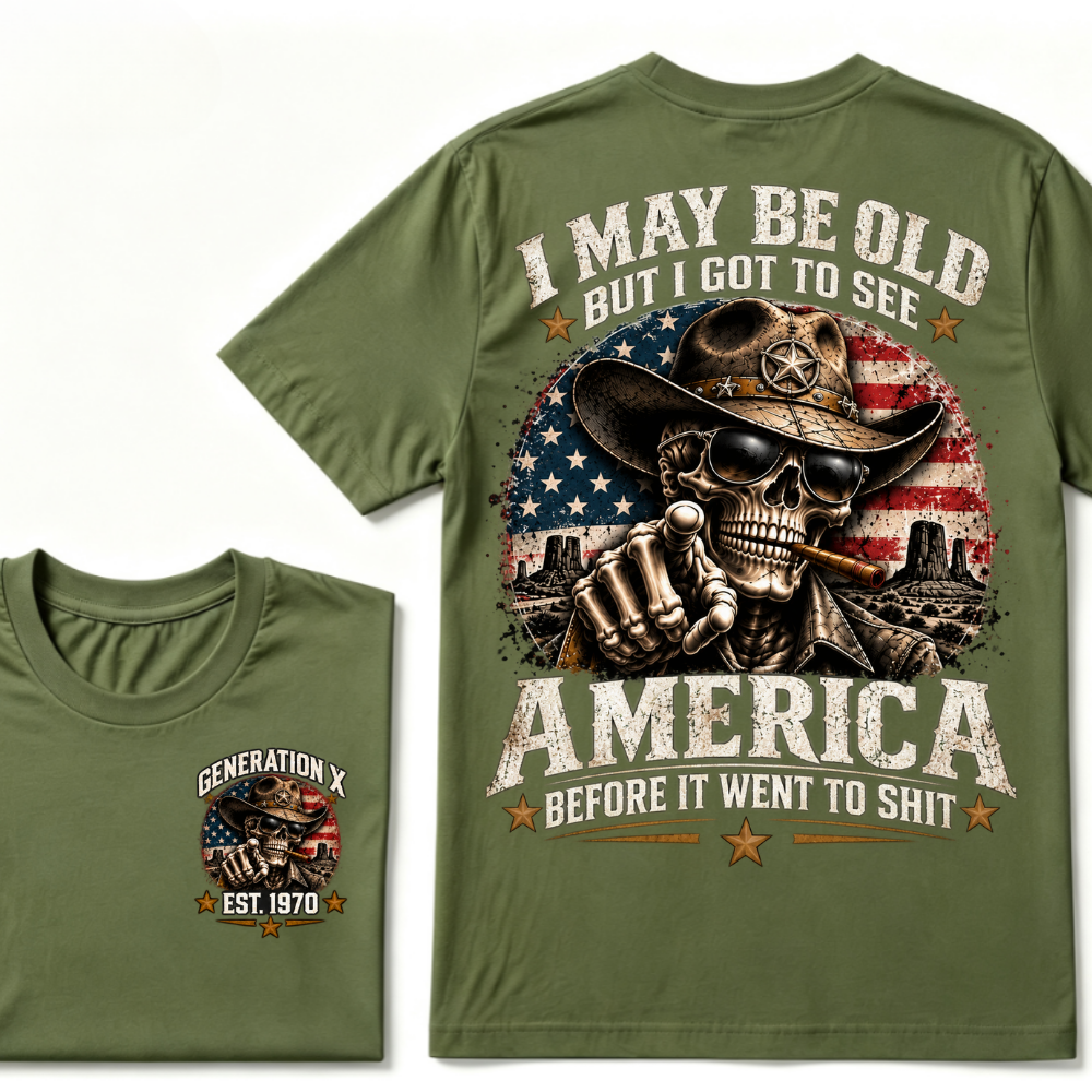 Generation X EST.Year Cowboy Skull American Flag T-Shirt I May Be Old But I Got To See America Vintage Western Patriotic Tee