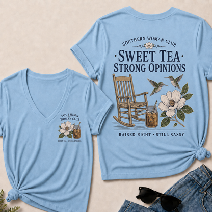 Southern Woman Club Sweet Tea Strong Opinions V-Neck T-shirts– Vintage Magnolia Graphic  V-Neck T-shirts For Southern Women