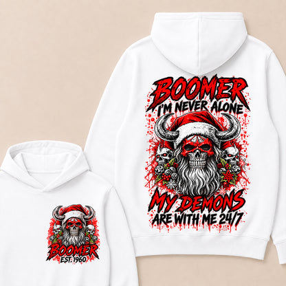 Boomer I’m Never Alone My Demons Are With Me 24/7 – Custom EST.Year Christmas Skull Graphic Hoodie