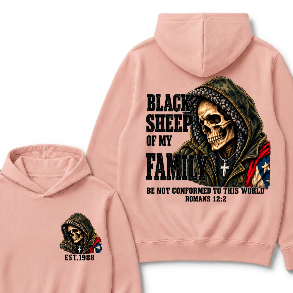 Black Sheep Of My Family Romans 12:2 Bible Verse Skull Hooded EAT.Year Hoodie, Christian Patriotic Hoodie