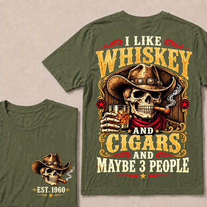 I Like Whiskey and Cigars and Maybe 3 People – Custom EST.Year Vintage Cowboy Skull T-Shirt