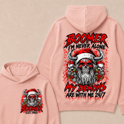 Boomer I’m Never Alone My Demons Are With Me 24/7 – Custom EST.Year Christmas Skull Graphic Hoodie