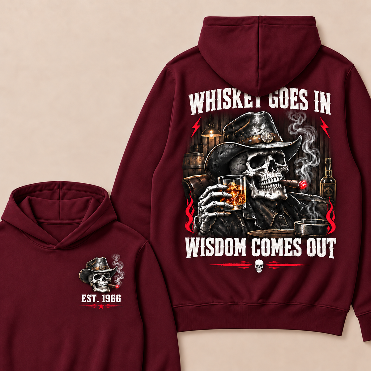 "Whiskey Goes In, Wisdom Comes Out"–Custom EST.Year Cowboy Skull & Cigar Hoodie