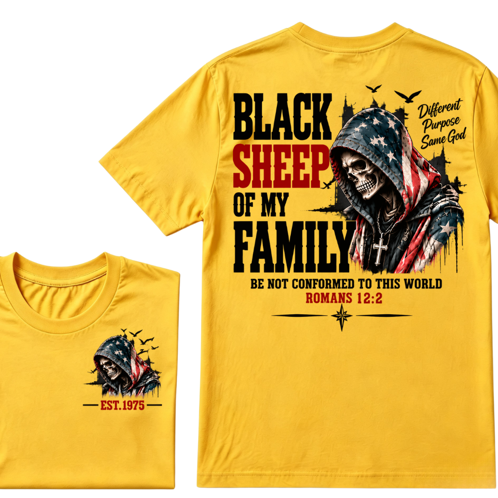 Black Sheep Of My Family Romans 12:2 EST.Year American Flag Skull Print T‑Shirt Christian Faith Vintage Graphic Tee