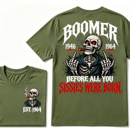 Boomer EAT.Year Before All You Sissies Were Born Skeleton Smoking Cigar Double Sided T-Shirt, Gen Boomer Vintage Skull Tee