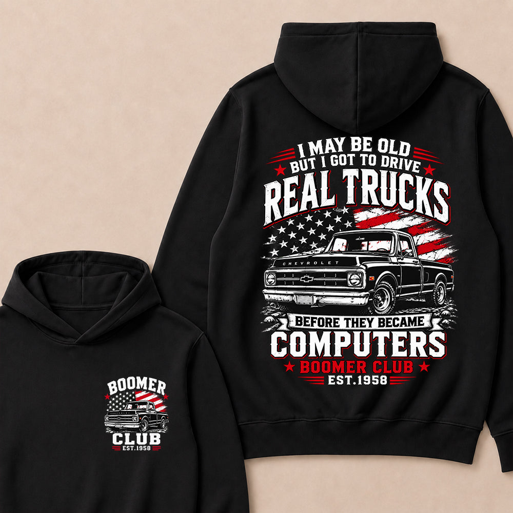 Custom "Boomer Club" Hoodie, Funny Old Man Truck Lover Gift, Personalized Year Hooded Sweatshirt, Real Trucks Before Computers Pullover