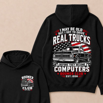 Custom "Boomer Club" Hoodie, Funny Old Man Truck Lover Gift, Personalized Year Hooded Sweatshirt, Real Trucks Before Computers Pullover