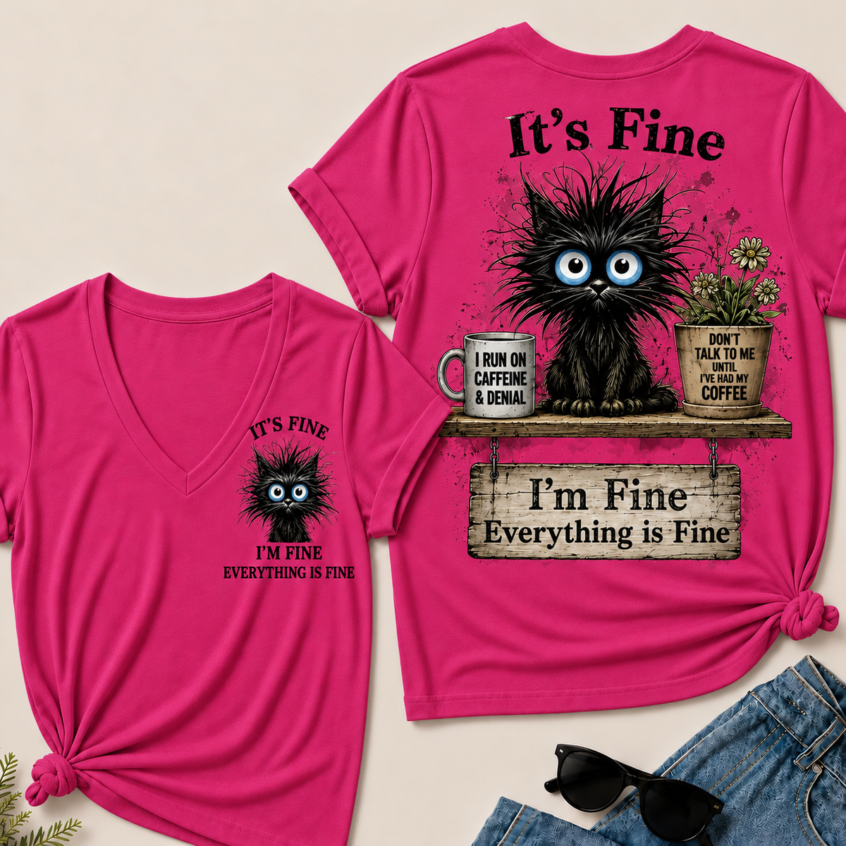 "It's Fine, I'm Fine, Everything Is Fine" Black Cat V-Neck T-Shirt | Caffeine & Denial Tee