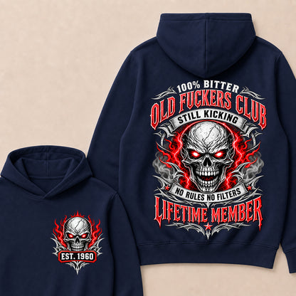 100% Bitter Old Fuckers Club Lifetime Member – Custom EST.Year Red-Eyed Skull Graphic Hoodie