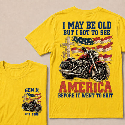 Vintage American Motorcycle & Cross T-Shirt | Patriotic Biker "I May Be Old" Graphic Tee