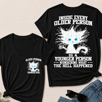Inside Every Older Person – Funny Black Cat Women's V-Neck T-Shirt