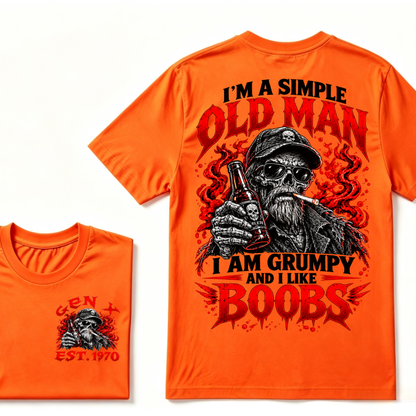 "I'm A Simple Old Man, I Am Grumpy And I Like Boobs" – GEN X EST.1970 Skull & Beer Graphic Tee