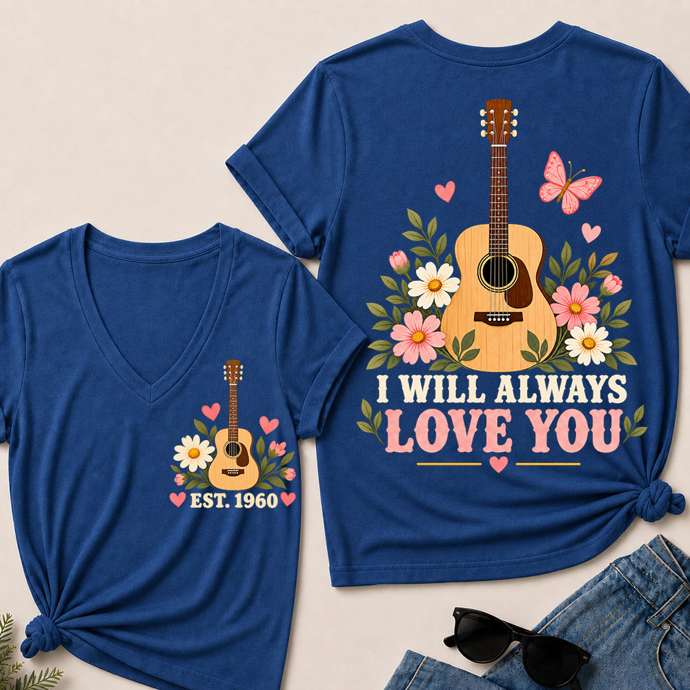 I Will Always Love You – Custom EST.Year Floral Acoustic Guitar Women’s V-Neck T-Shirt