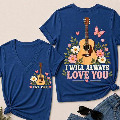I Will Always Love You – Custom EST.Year Floral Acoustic Guitar Women’s V-Neck T-Shirt