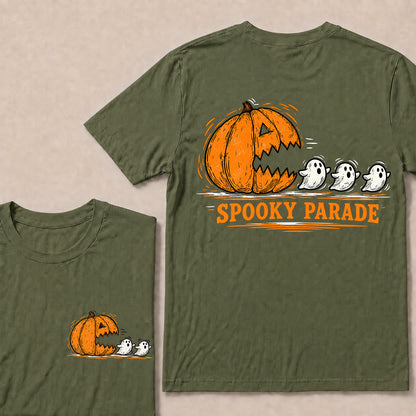 Spooky Parade – Vintage Halloween Pumpkin & Ghosts Graphic T-Shirt