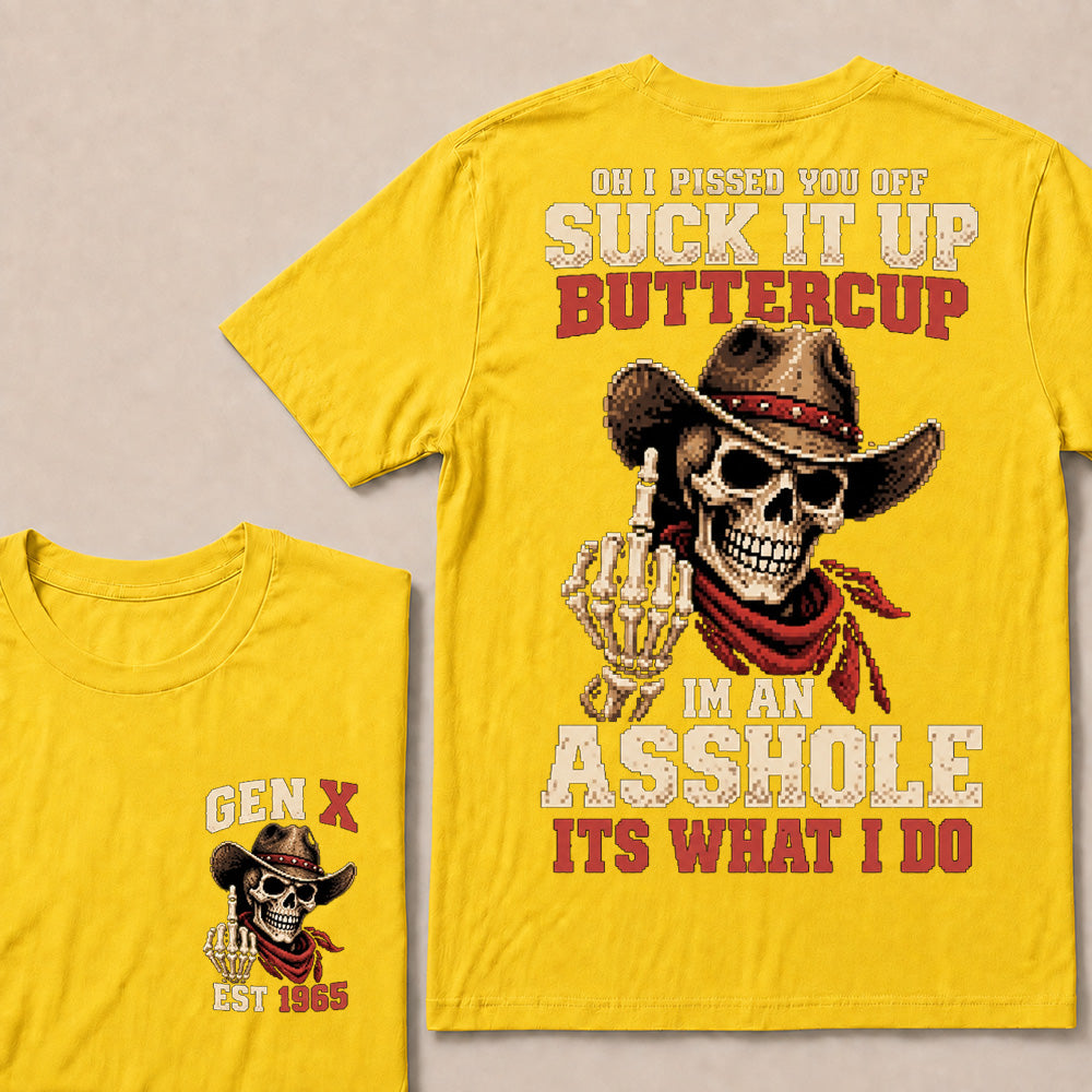 Retro Pixel Cowboy Skull Graphic Tee | "Suck It Up Buttercup" Gen X Sarcastic T-Shirt