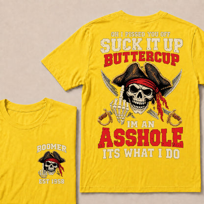 Retro Pixel Pirate Skull T-Shirt | Crossed Cutlasses & Red Bandana "Suck It Up" Graphic Tee