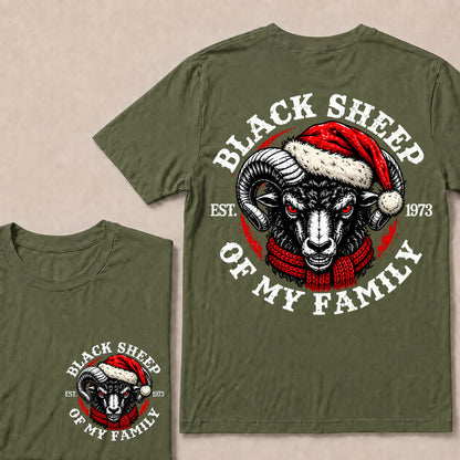 Black Sheep of My Family – Custom EST. Year Christmas Ram & Red Scarf Graphic T-Shirt