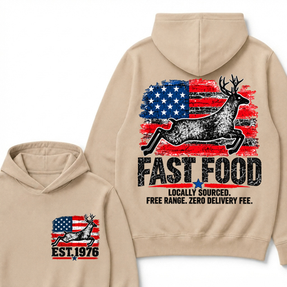 Fast Food Deer Hunting T-Shirt, Locally Sourced Free Range Zero Delivery Fee Vintage American Flag EST.Year Hunter Graphic Hoodie