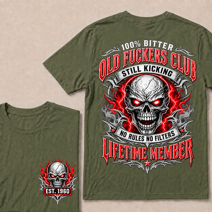 100% Bitter Old Fuckers Club Lifetime Member – Custom EST.Year Red-Eyed Skull Graphic T-Shirt