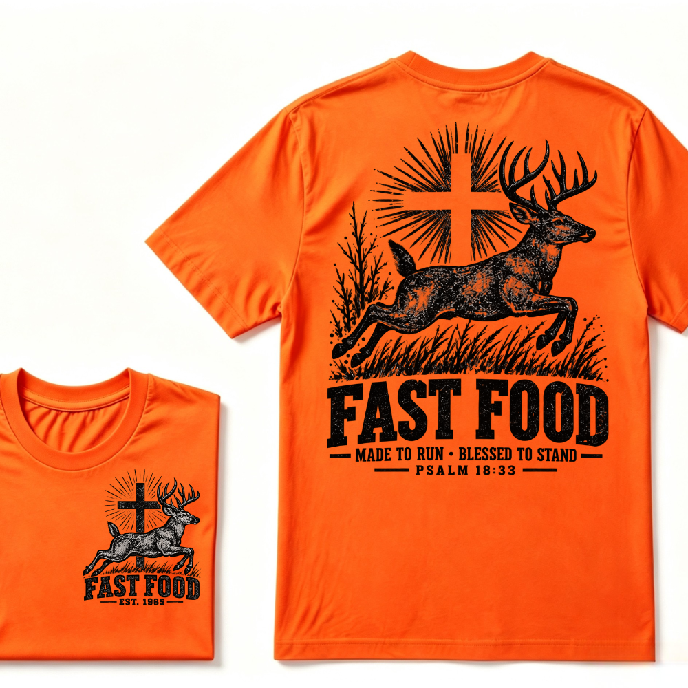 EST.Year Fast Food Made To Run Blessed To Stand Psalm 18:33 Deer Cross Hunting T-Shirt