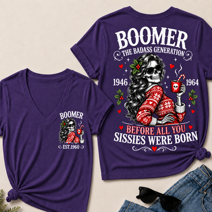 Boomer The Badass Generation Before All You Sissies Were Born – Custom EST. Year Christmas Sweater Skeleton Women’s V-Neck T-Shirt