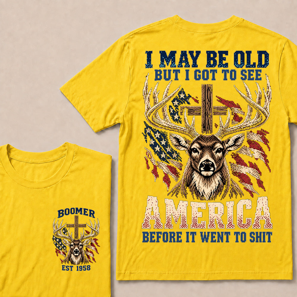 Retro Pixel Buck Deer & Cross T-Shirt | Patriotic Hunting "I May Be Old" Graphic Tee