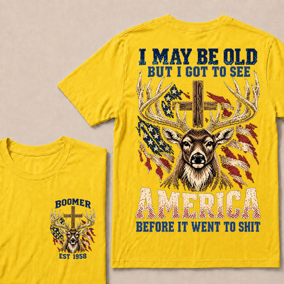 Retro Pixel Buck Deer & Cross T-Shirt | Patriotic Hunting "I May Be Old" Graphic Tee