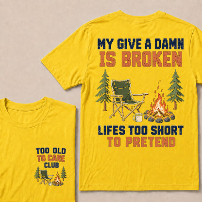Retro Pixel Campfire & Chair T-Shirt | "My Give A Damn Is Broken" Funny Camping Tee