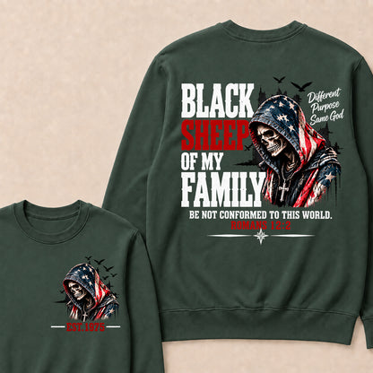 Black Sheep Of My Family Romans 12:2 EST.Year American Flag Skull Print Sweatshirt Christian Faith Vintage Graphic Sweatshirt