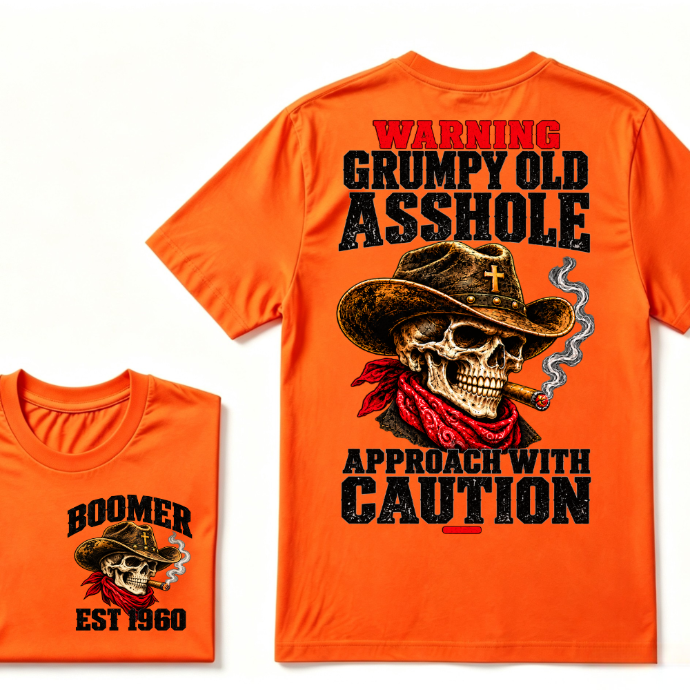 WARNING GRUMPY OLD ASSHOLE APPROACH WITH CAUTION EST.Year Vintage Western Cowboy Skull Tee