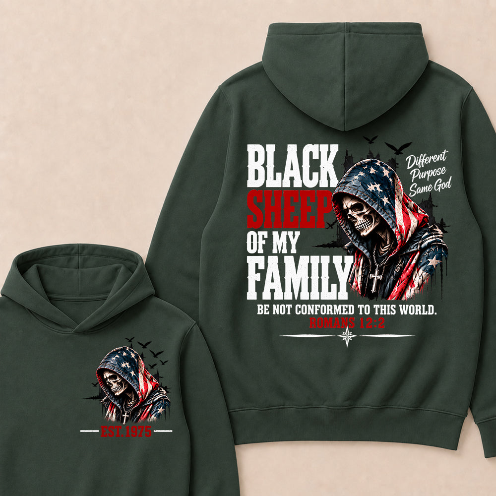 "Black Sheep Of My Family" – Romans 12:2 Christian Skull Hoodie, Different Purpose Same God Graphic Sweatshirt, Patriotic Faith Apparel