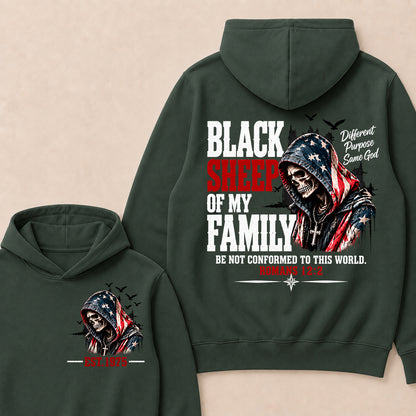 "Black Sheep Of My Family" – Romans 12:2 Christian Skull Hoodie, Different Purpose Same God Graphic Sweatshirt, Patriotic Faith Apparel