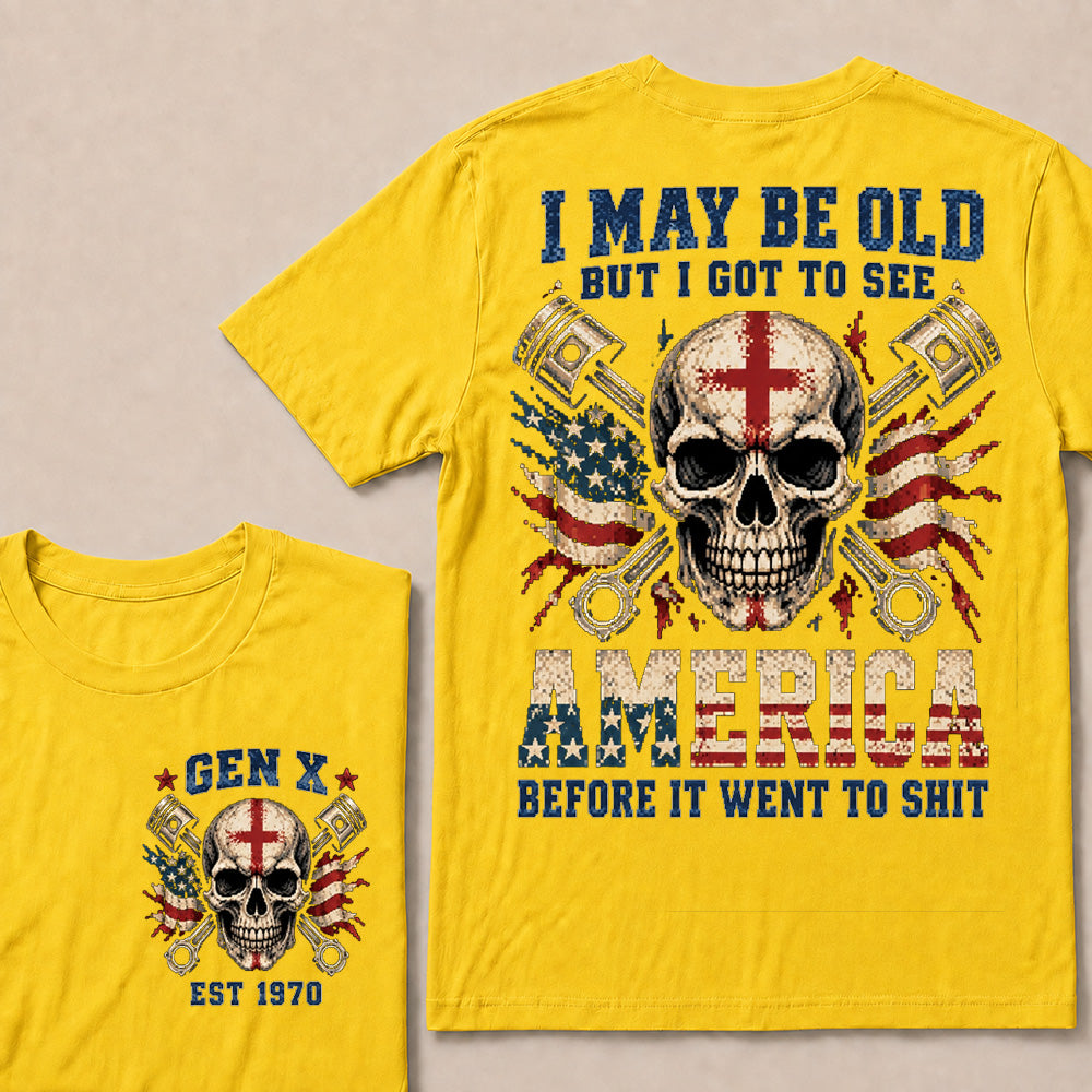 Retro Pixel Crossed Pistons & Skull T-Shirt | Patriotic Biker "I May Be Old" Graphic Tee