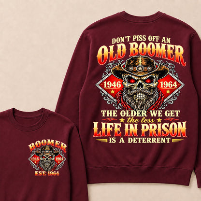 Custom EST.Year Don't Piss Off An Old Boomer The Older We Get The Less Life In Prison Is A Deterrent – Vintage Cowboy Skull Graphic Sweatshirt