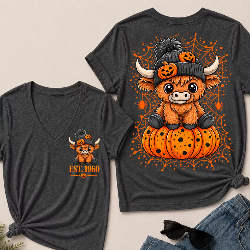 Custom EST.Year Cute Halloween Highland Cow & Pumpkin Women’s V-Neck T-Shirt