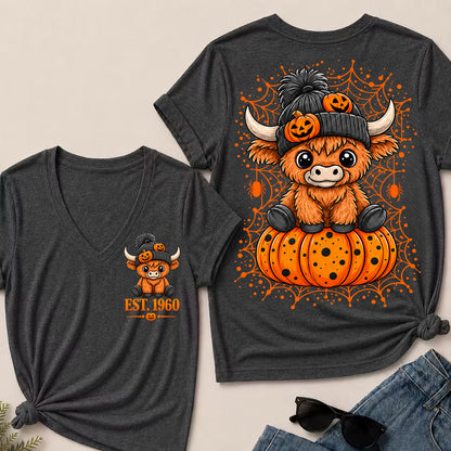 Custom EST.Year Cute Halloween Highland Cow & Pumpkin Women’s V-Neck T-Shirt