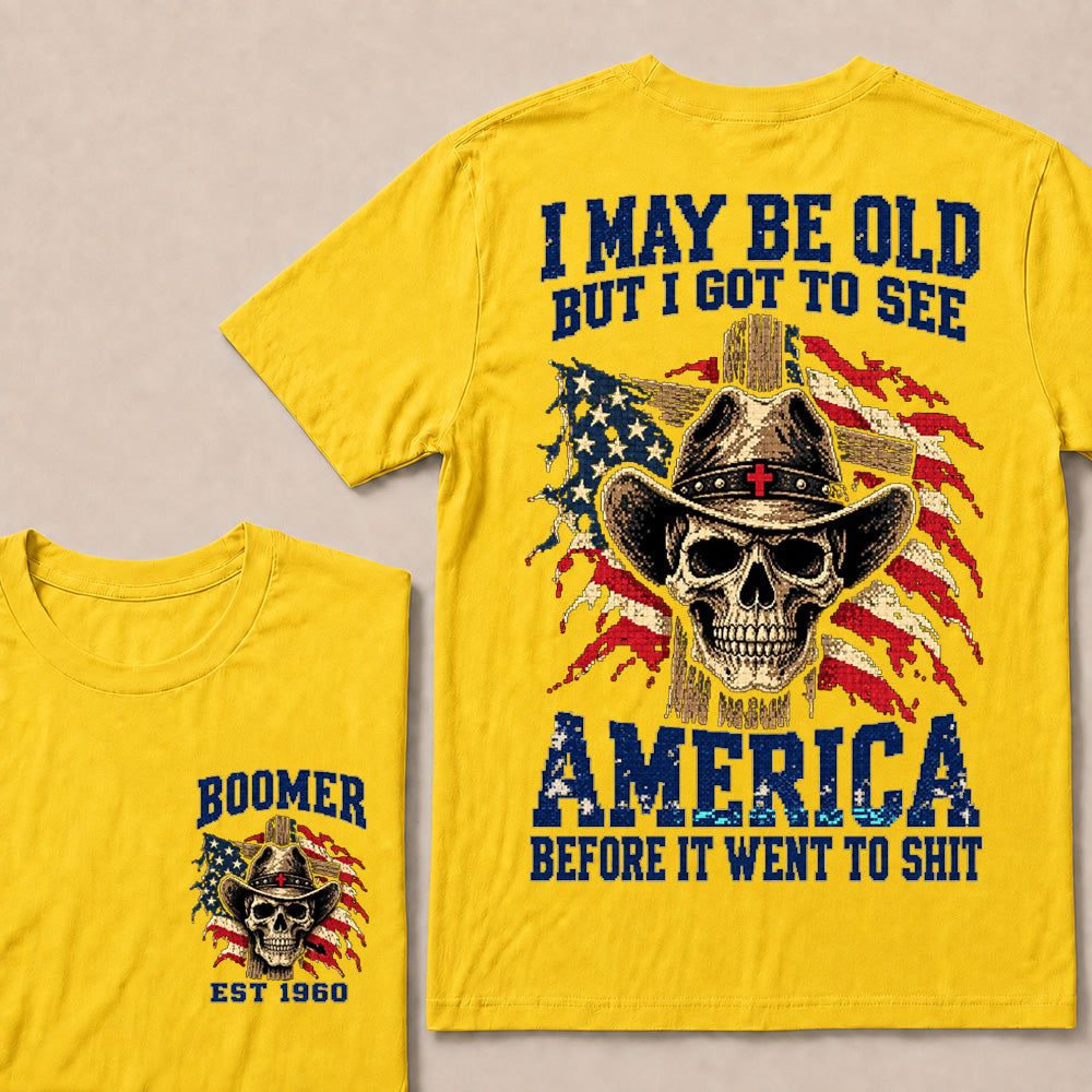 Vintage Western Cowboy Skull T-Shirt | Cross Hat & American Flag "I May Be Old" Graphic Tee