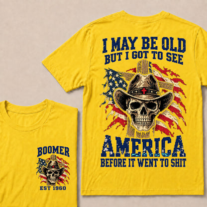 Vintage Western Cowboy Skull T-Shirt | Cross Hat & American Flag "I May Be Old" Graphic Tee