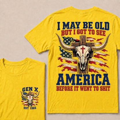 Retro Western Cow Skull & Cross Tee | Distressed American Flag Patriotic Graphic T-Shirt