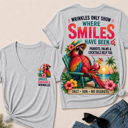 Wrinkles Only Show Where Smiles Have Been Funny Retirement V-Neck Tee For Women – Tropical Parrot Beach Vacation Graphic V-Ne